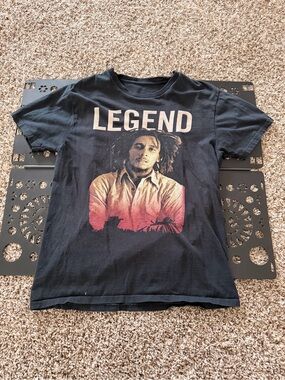 Gildan Black "LEGEND" Bob Marley Graphic Tee with Red/Orange Sunset Print